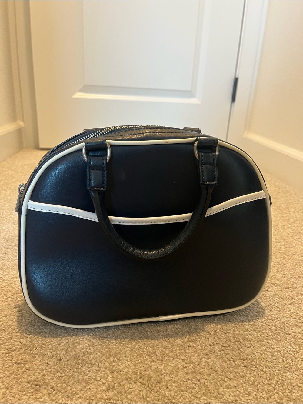 J galt brandy navy blue Bowler Bag with White Trim